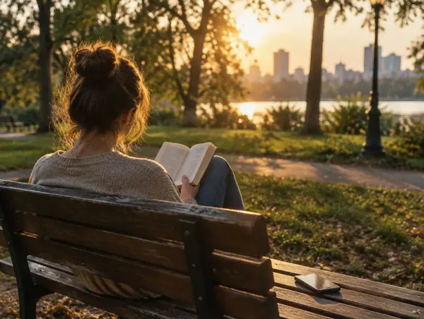 Someone reading a book on a park bench at sunset, their phone left on the bench