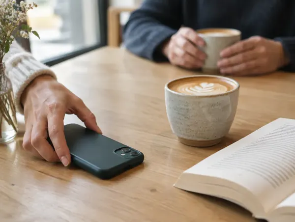 A hand setting a phone face-down on a café table beside a latte and an open book