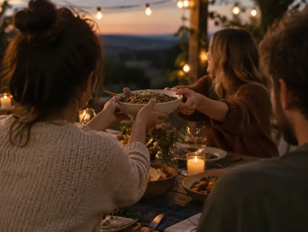 Friends passing a bowl of food at an outdoor dinner under string lights