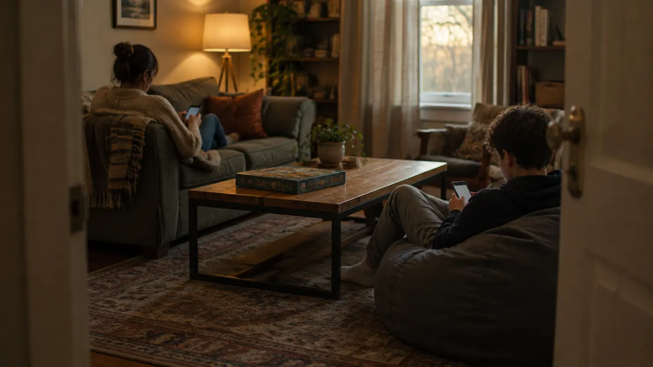An adult on a sofa and a teenager on a beanbag, both looking down at their phones, with an unopened board game on the table