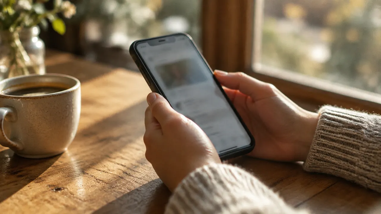 Hands holding an iPhone over a wooden table with a cup of coffee