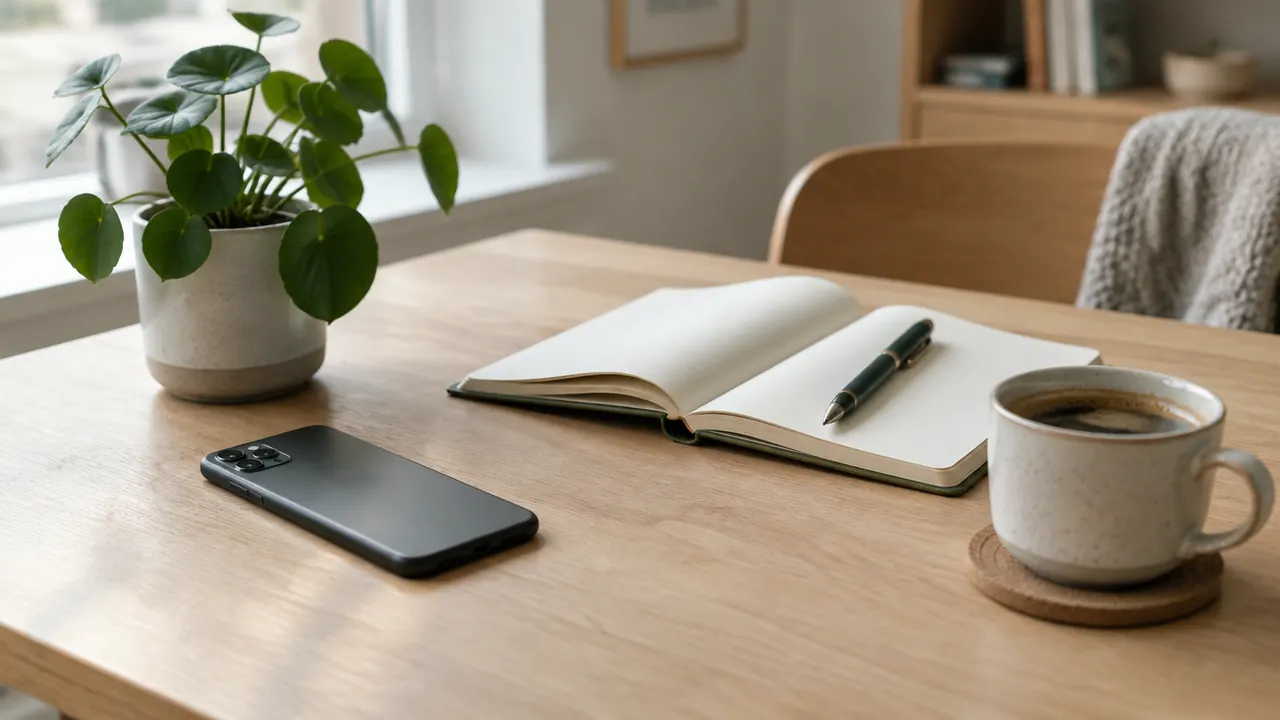 A phone lying face-down on a light wooden desk beside a plant, an open notebook and a cup of coffee