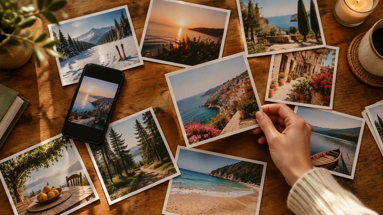 Printed holiday photos spread across a table around a phone