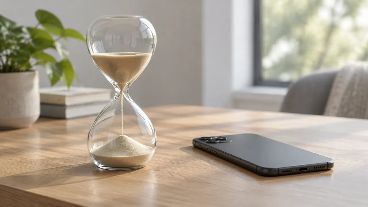 An hourglass on a table next to a phone lying face-down