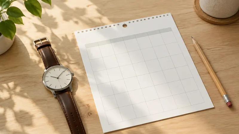 A wristwatch, a blank calendar page and a pencil on a desk