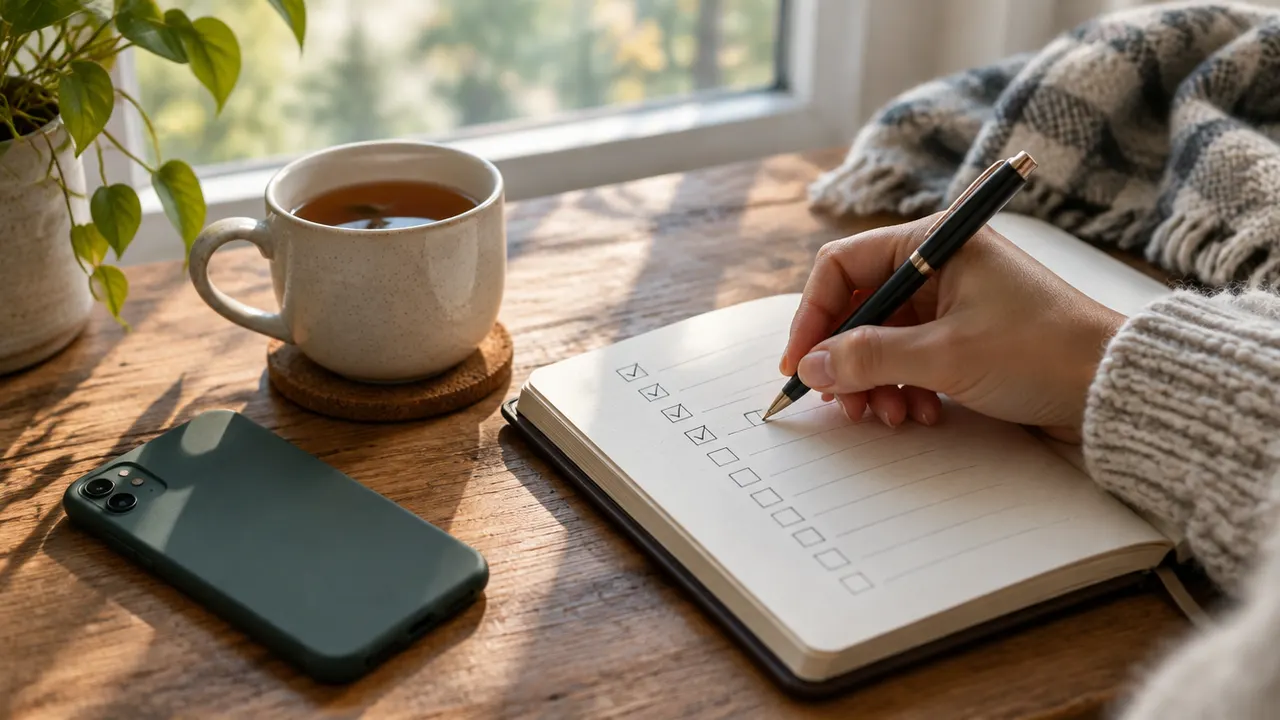 A hand ticking boxes in a notebook beside tea and a phone face-down