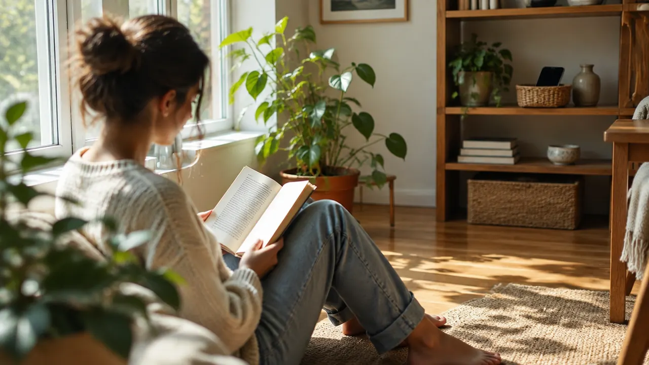Someone reading a paperback on a sunny floor by the window, their phone left in a basket across the room