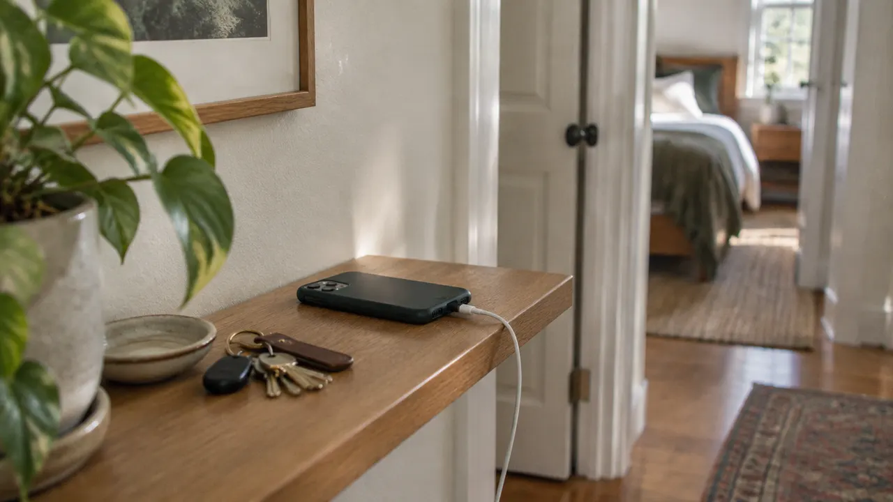 A phone left charging on a hallway shelf outside the bedroom