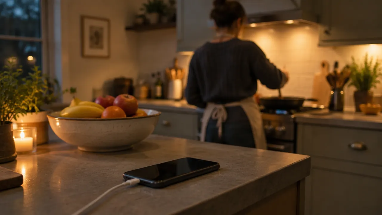 A phone left charging on a kitchen counter beside a fruit bowl while someone cooks in the background