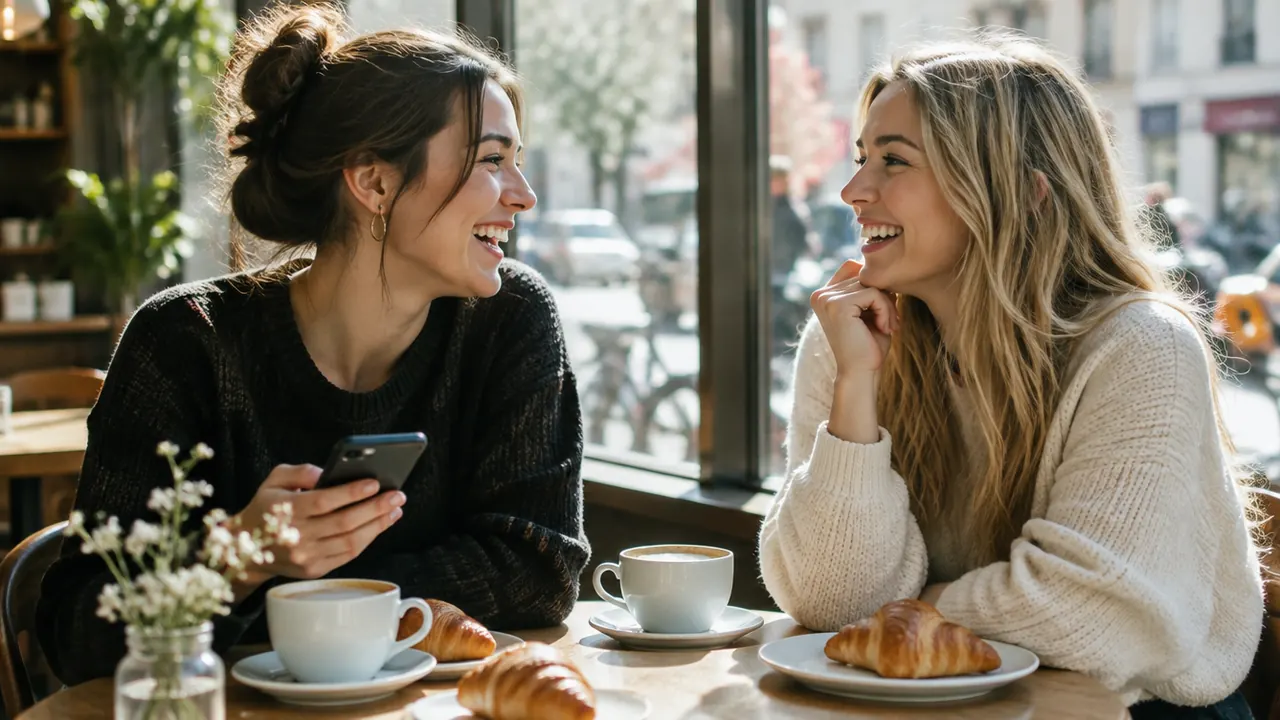 Two friends laughing at a sunny café table, one holding a phone loosely without looking at it