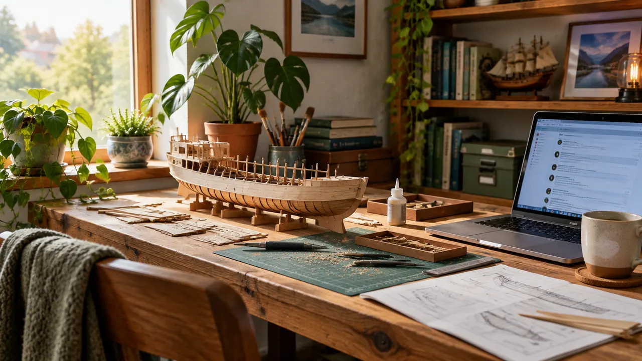 A hobby workbench with a wooden model ship, plants and a laptop