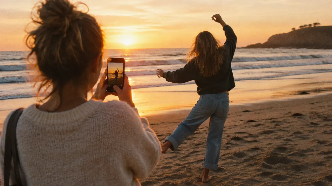 Two friends on a beach at sunset, one filming the other dancing