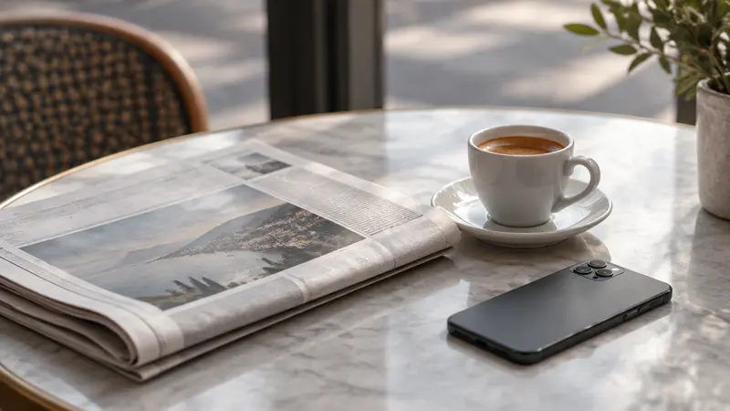 A newspaper, an espresso and a phone face-down on a café table