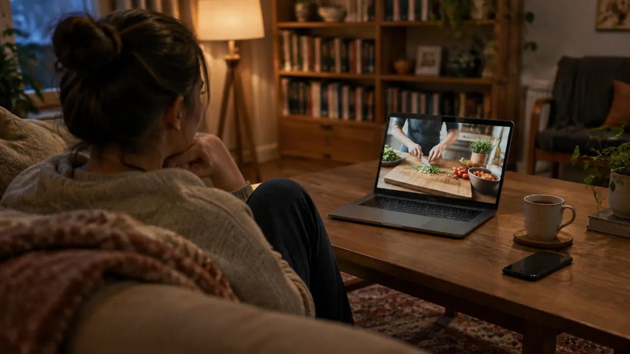 Someone on a sofa watching a long cooking video on a laptop, a phone resting beside a mug of tea