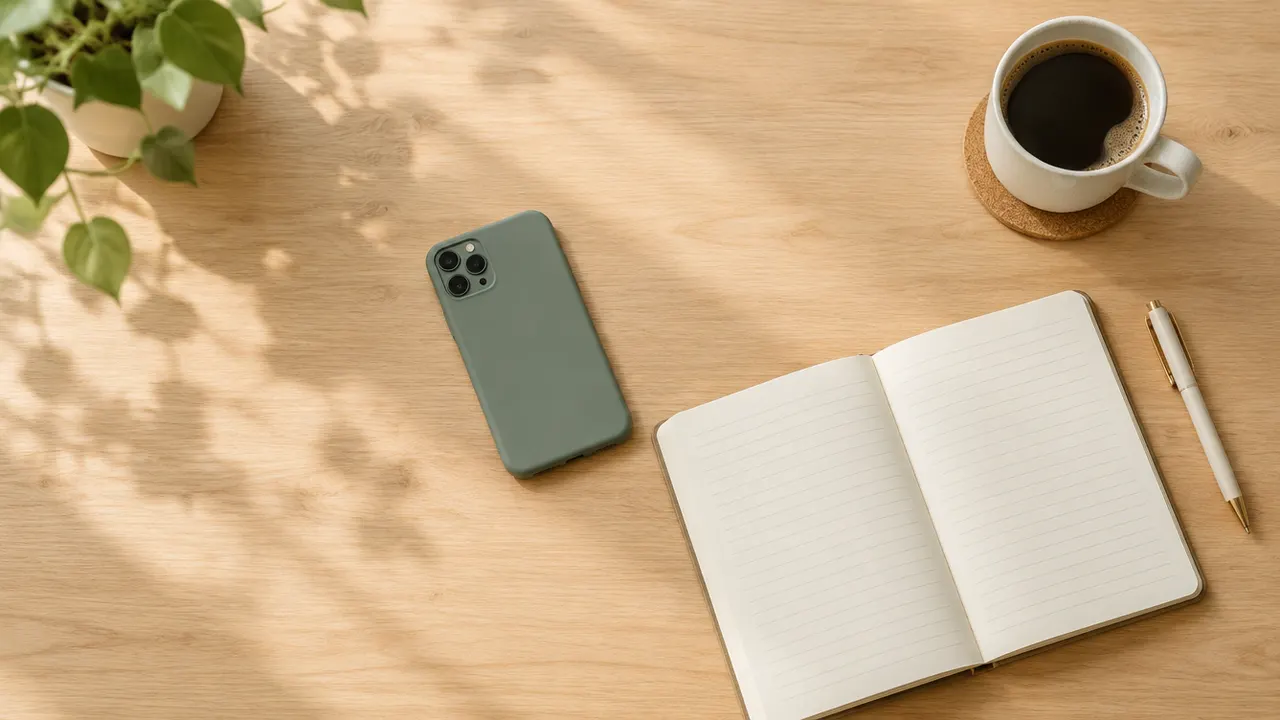 A tidy desk with a phone face-down beside an open notebook and coffee