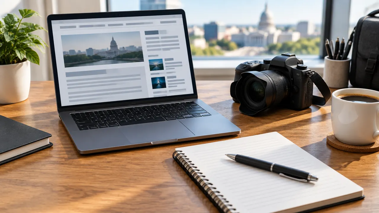 A desk with a laptop, a notebook, a camera and coffee