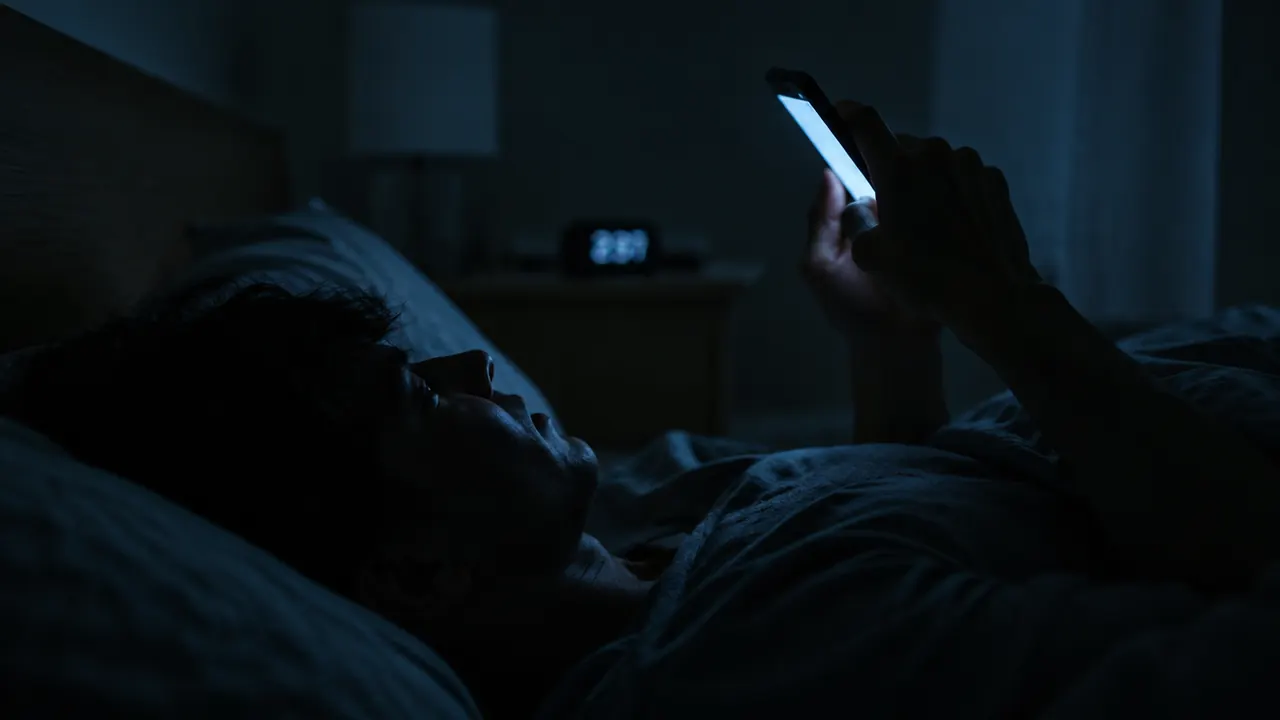 Someone lying in bed in a dark room, lit only by the glow of the phone held above them