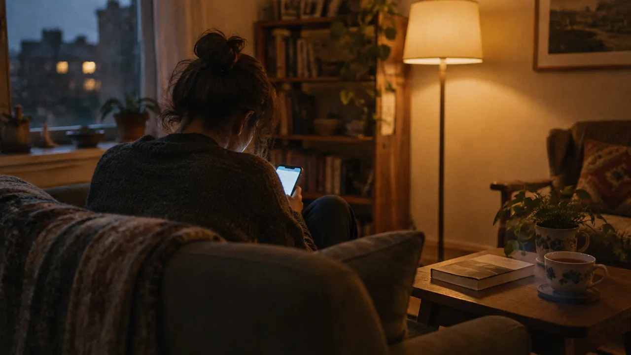Someone on a sofa in the evening, looking at their phone while a book and tea sit untouched