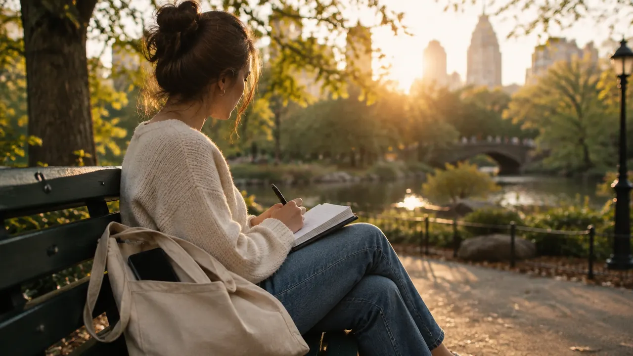 Someone writing in a paper journal on a park bench at golden hour, their phone tucked away in a tote bag