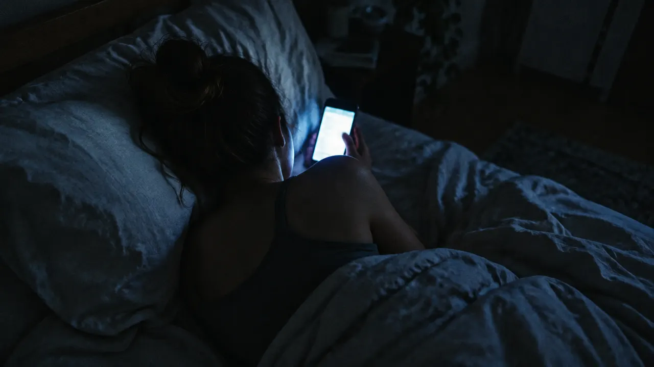 Someone lying in bed in the dark, lit only by their phone screen